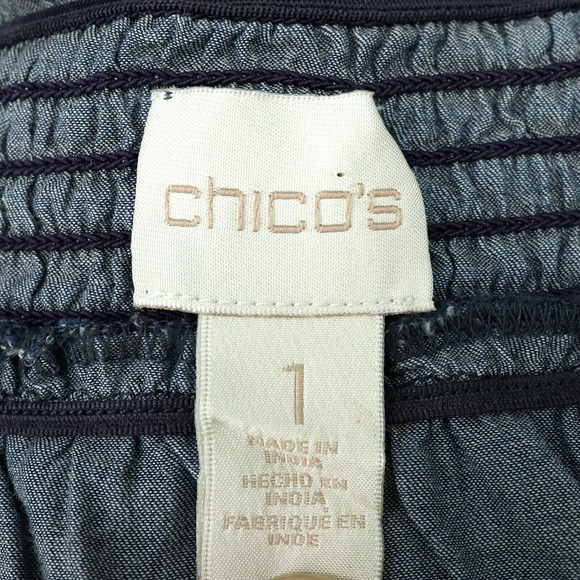 Chicos Top 1 Womens Medium 8 Blue Cotton Off Shoulder Blouse Boho Romantic - Picture 3 of 13